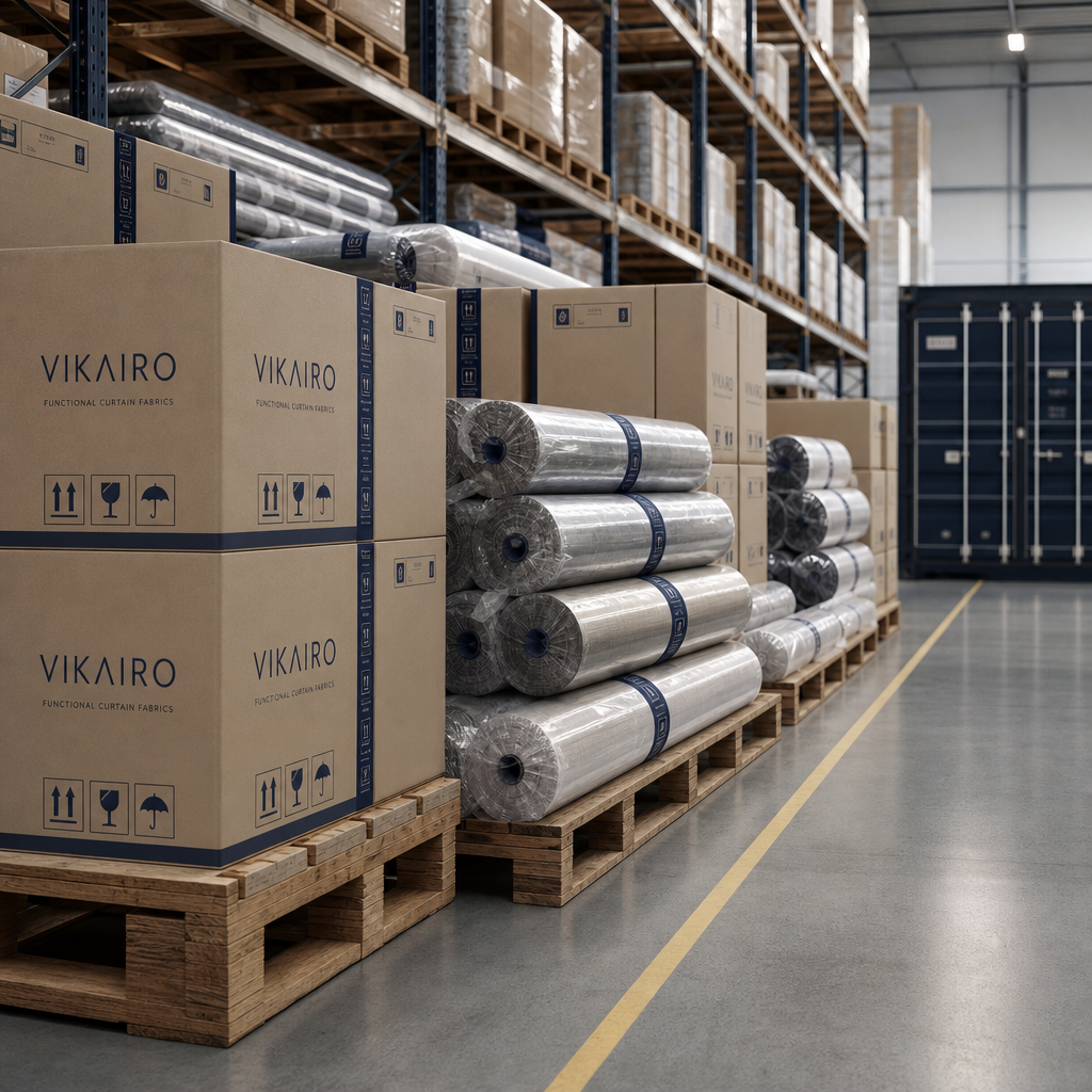 Export-ready curtain cartons and fabric rolls organized on pallets in a clean international logistics hub