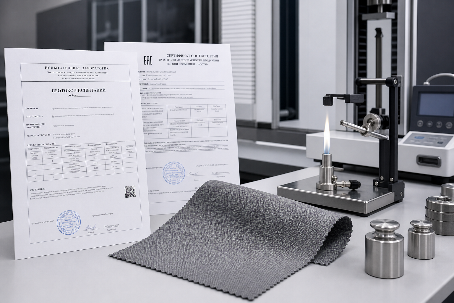 Technical inspector reviewing Russian fire behavior test report near calibrated lab instruments