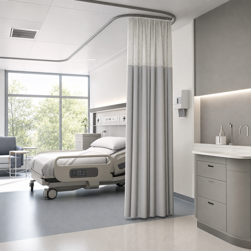 Modern healthcare patient room with privacy curtain system, soft daylight, and hygienic minimal finishes