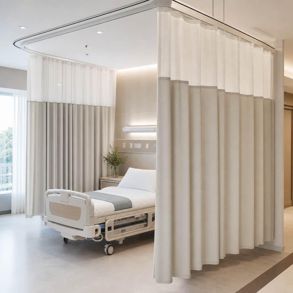 Healthcare patient room with privacy curtain system and hygienic interior finishes