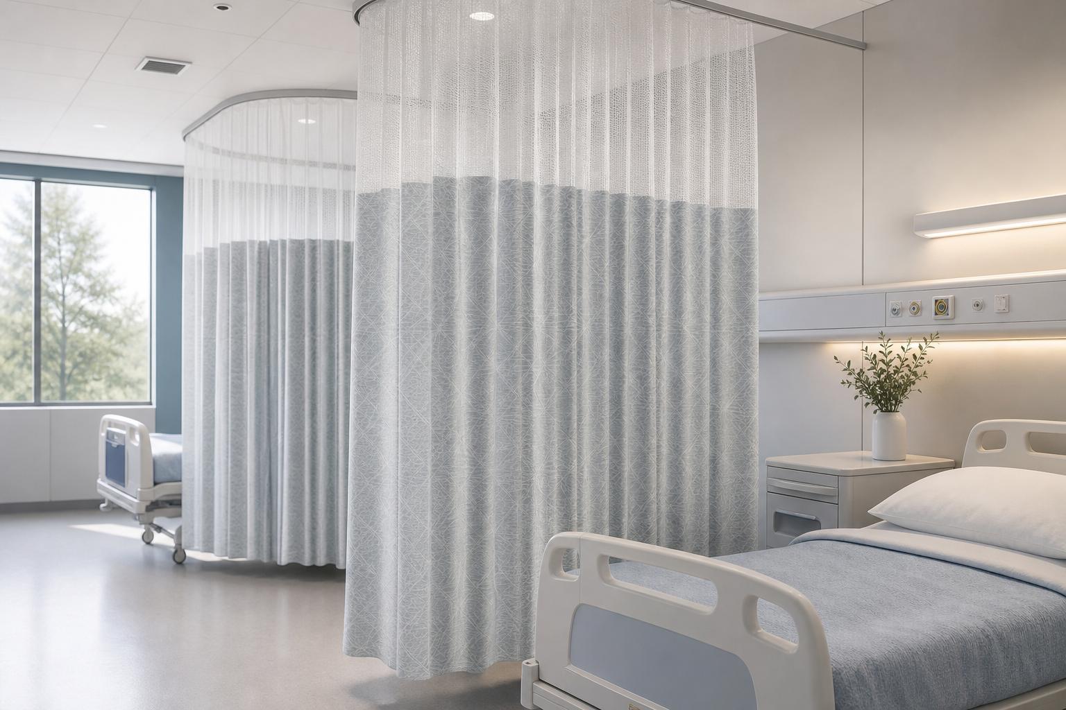 Modern healthcare room with privacy curtain partitions in a calm, hygienic setting