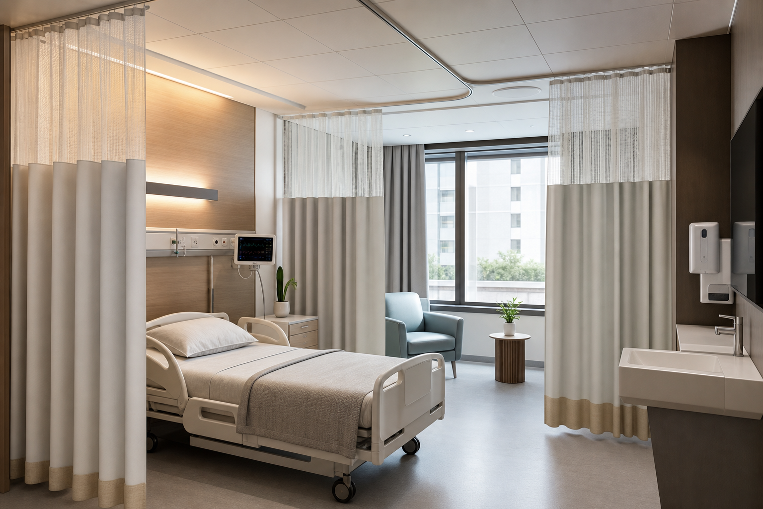 Calm healthcare recovery room with hygienic privacy curtains, soft daylight management, and clean clinical-comfort design