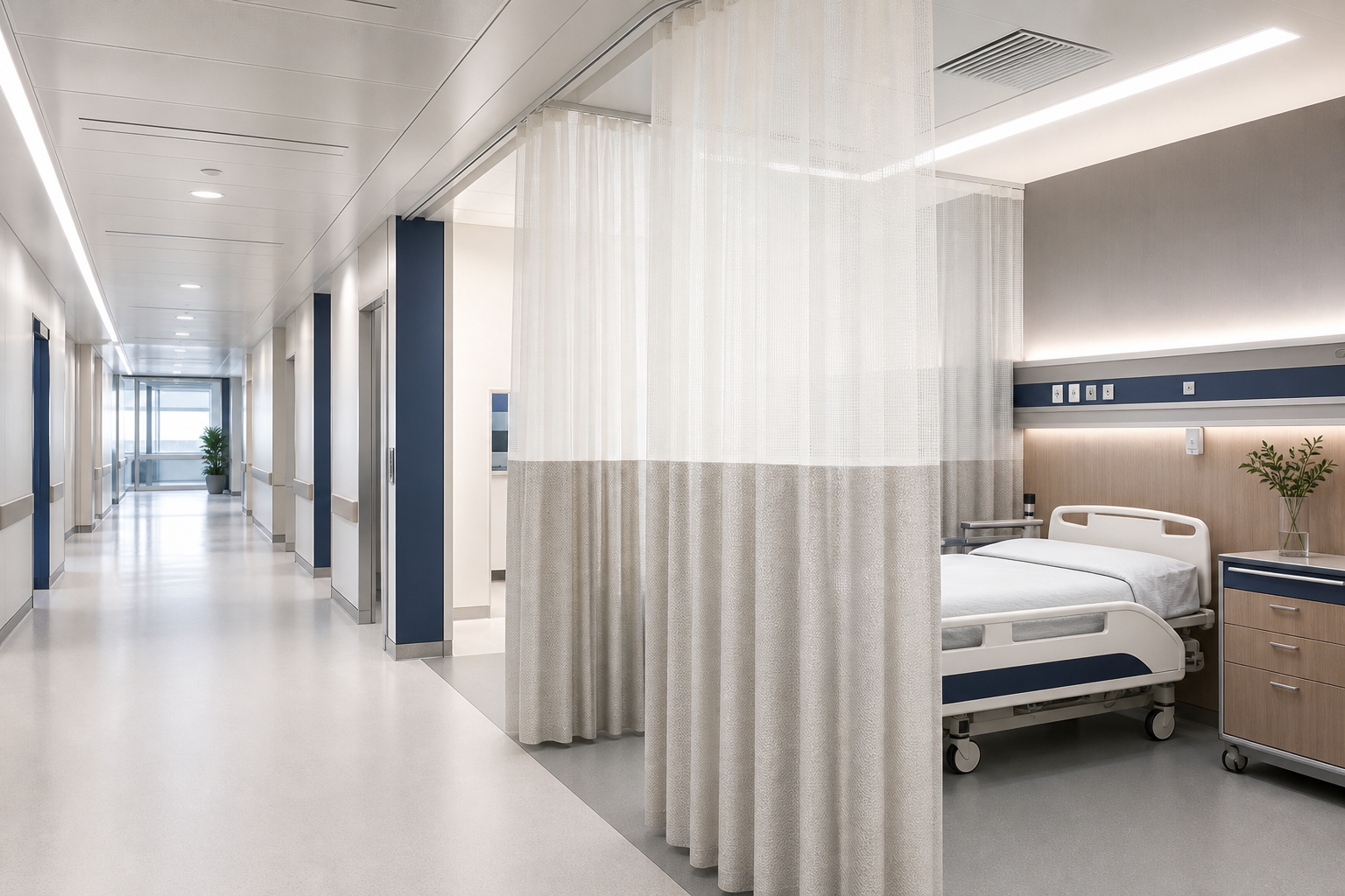 Modern clinic corridor with hygienic privacy curtains and calm clinical interior materials