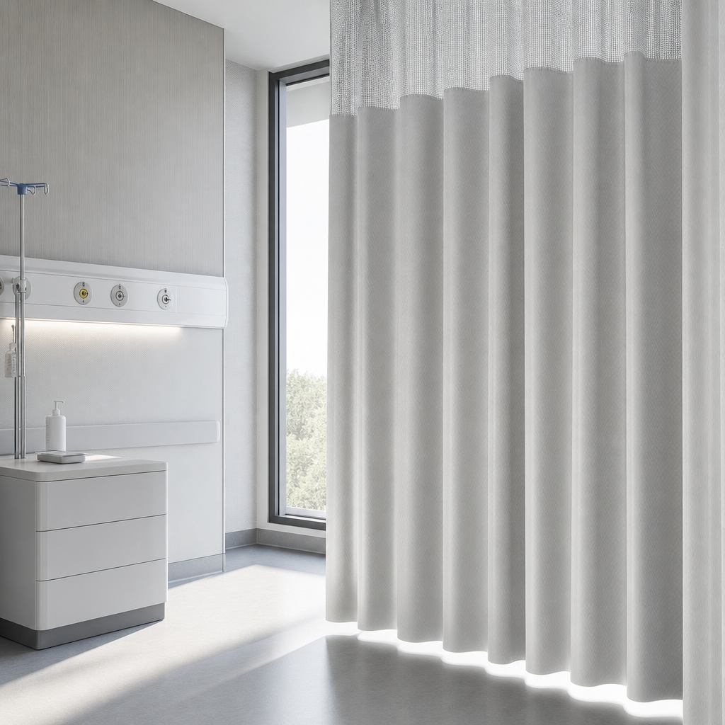Clean clinical interior textile set featuring antibacterial curtain fabric panels in light gray tones