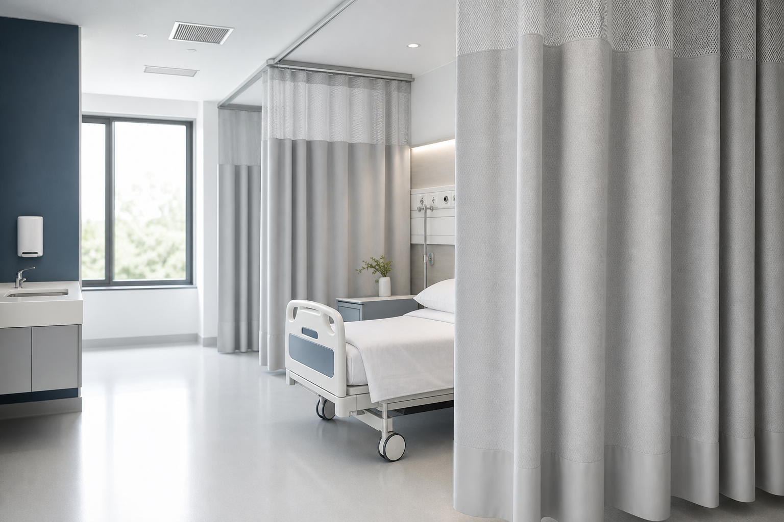 Clean healthcare room with antibacterial privacy curtains in a calm clinical environment