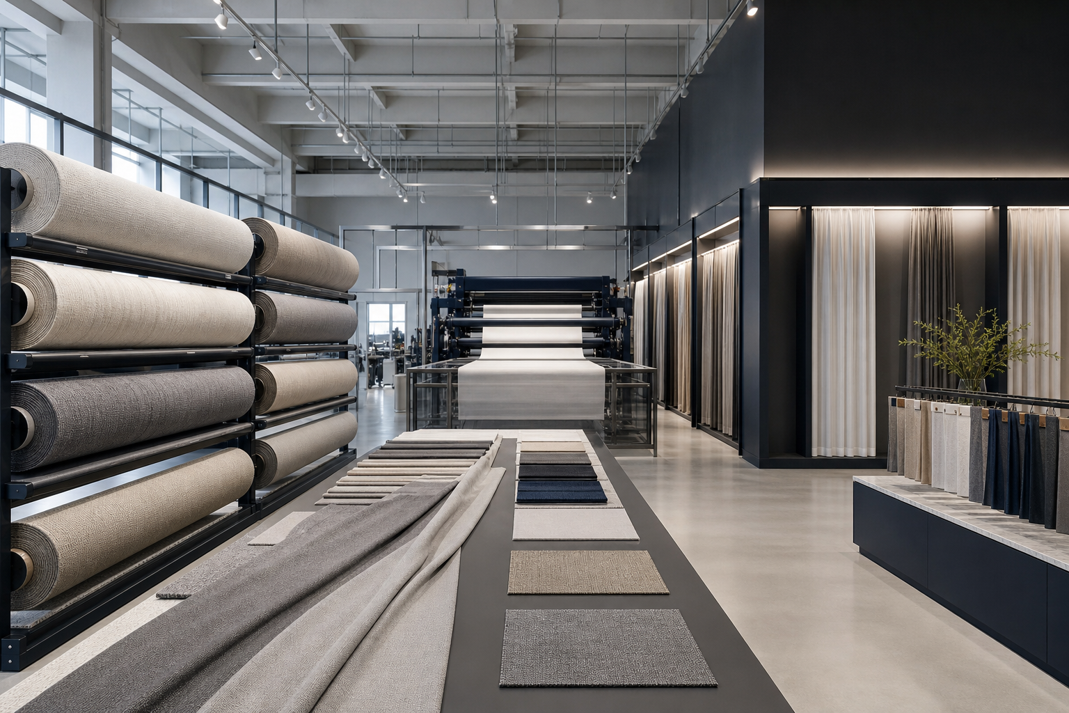 Premium textile production line with organized fabric rolls and sample displays in a refined industrial showroom, showcasing professional manufacturing capability and high-end commercial presentation under soft architectural lighting