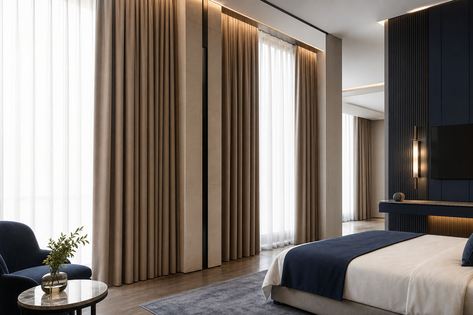 Luxury hotel interior with floor-to-ceiling curtains in a modern architectural space, softly lit by natural daylight