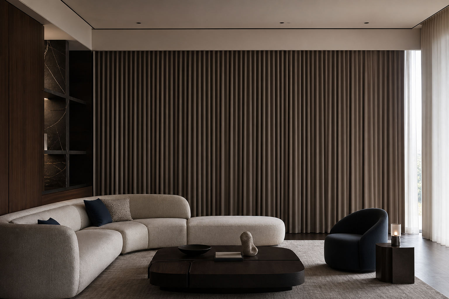 High-end residential living room with floor-to-ceiling curtains in a minimalist interior
