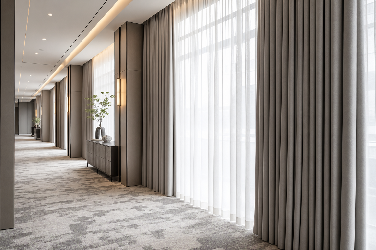 High-traffic hospitality corridor with durable curtains and refined finishes built for easy upkeep