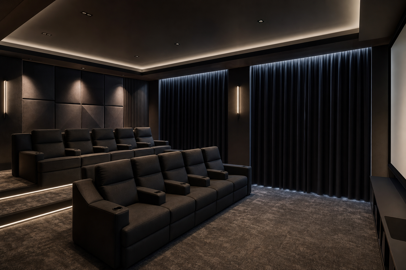 Private home theater room with deep blackout curtains and cinema seating