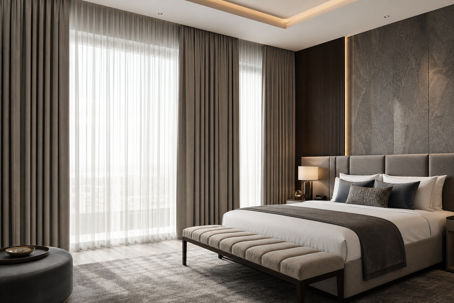 Premium hotel suite interior featuring full-height layered curtains, warm architectural lighting, and refined neutral materials