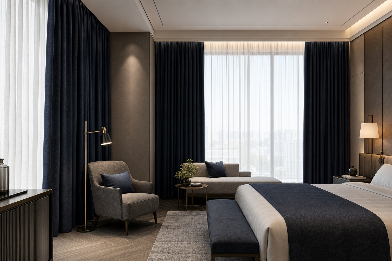 Premium hotel suite interior with layered blackout curtains and sheer drapes in deep neutral tones