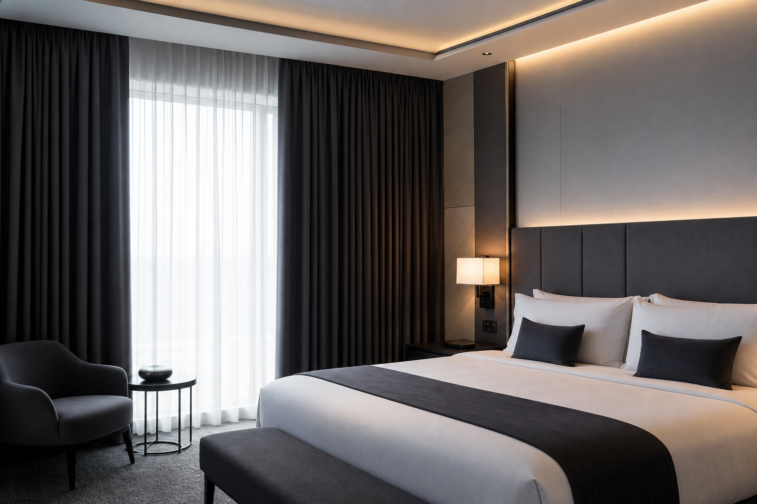 Hotel suite with layered blackout curtains and acoustic drapery in a refined hospitality setting