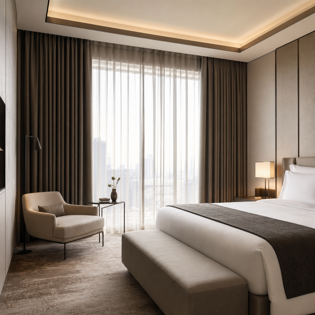 Premium hotel suite interior with layered curtains, controlled daylight, and blackout drapery