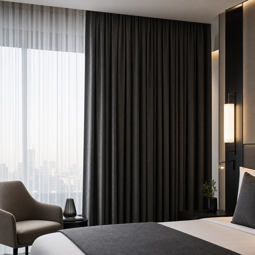 Premium hotel room interior detail with elegant charcoal curtains and layered sheers in a minimalist setting