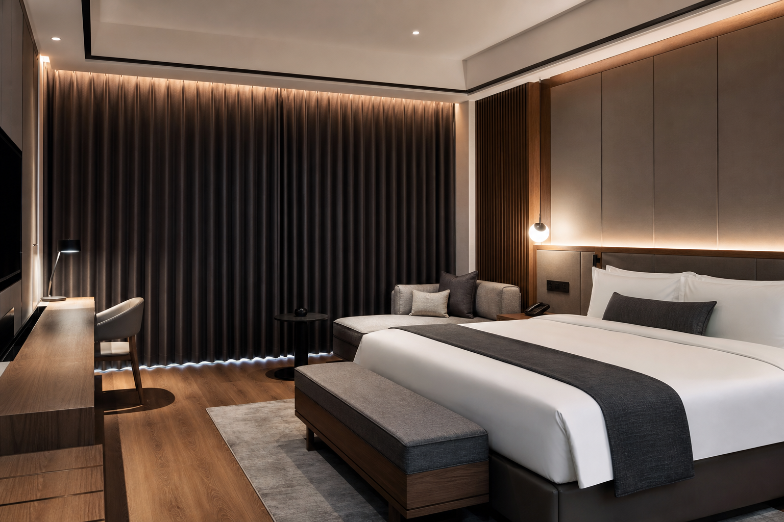 Hotel guestroom suite interior with full-height blackout curtains drawn across large windows, premium bedding, and soft ambient lighting