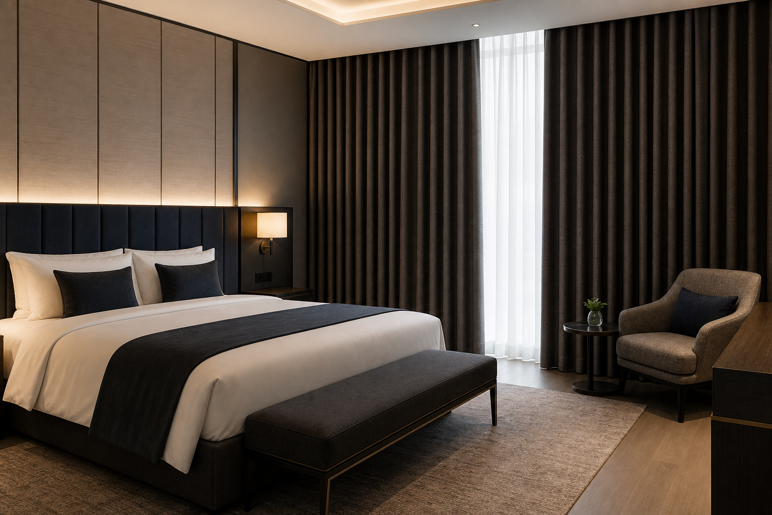 Modern upscale hotel guest room with full-height blackout curtains framing large windows