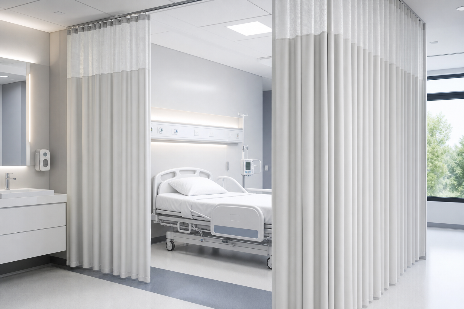 Bright healthcare room with clean white curtains and minimal surfaces emphasizing hygiene and privacy