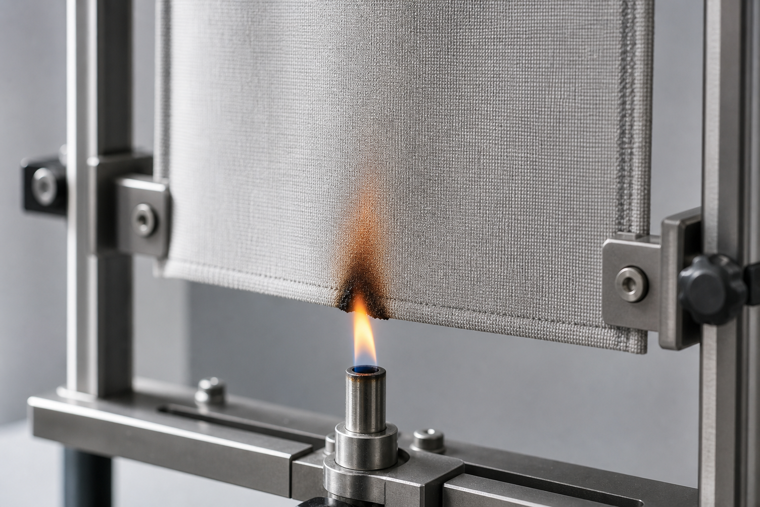 Professional flame-retardant curtain fabric combustion test sample in a controlled lab setup with clean technical presentation