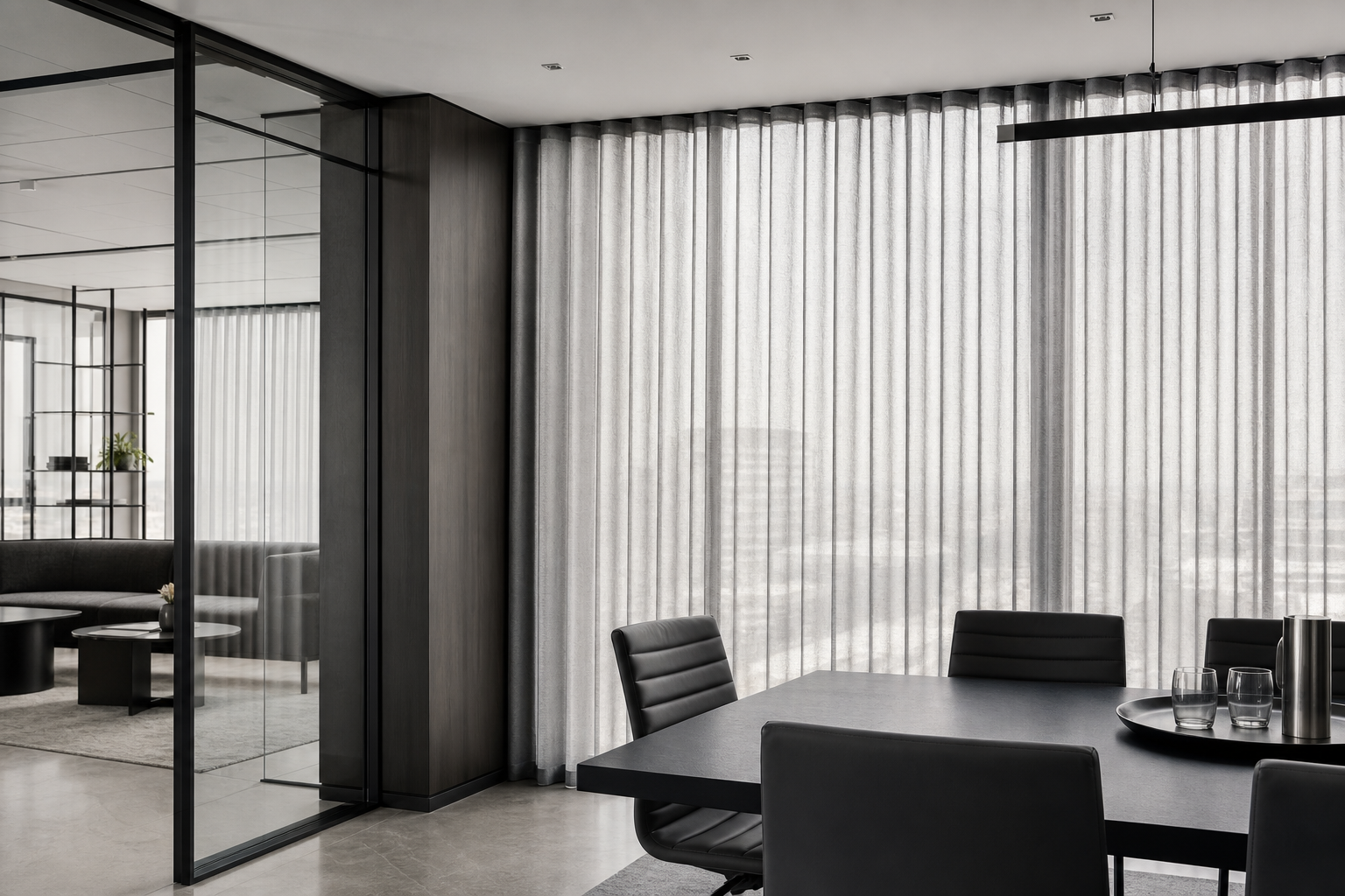 Contemporary office meeting space with full-height glare-control curtains