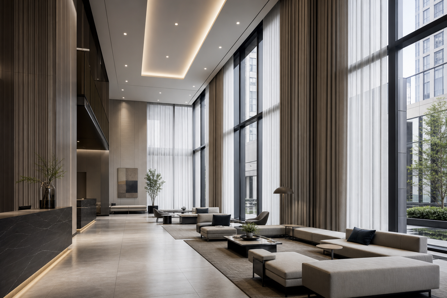 Large mixed-use real estate lobby with consistent curtain design across glazing