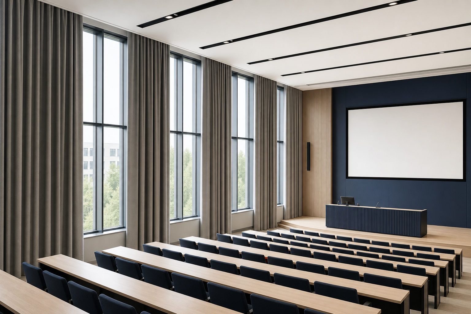 University lecture room with durable curtain installations along tall windows