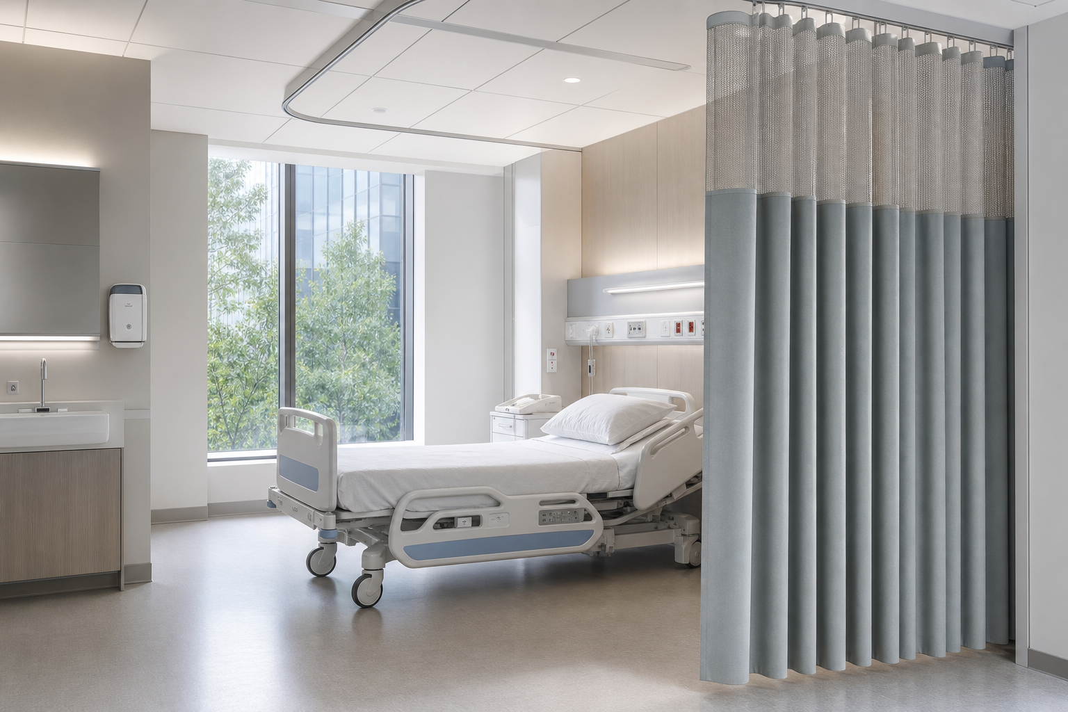 Healthcare patient environment with hygienic privacy curtains and calm clinical design