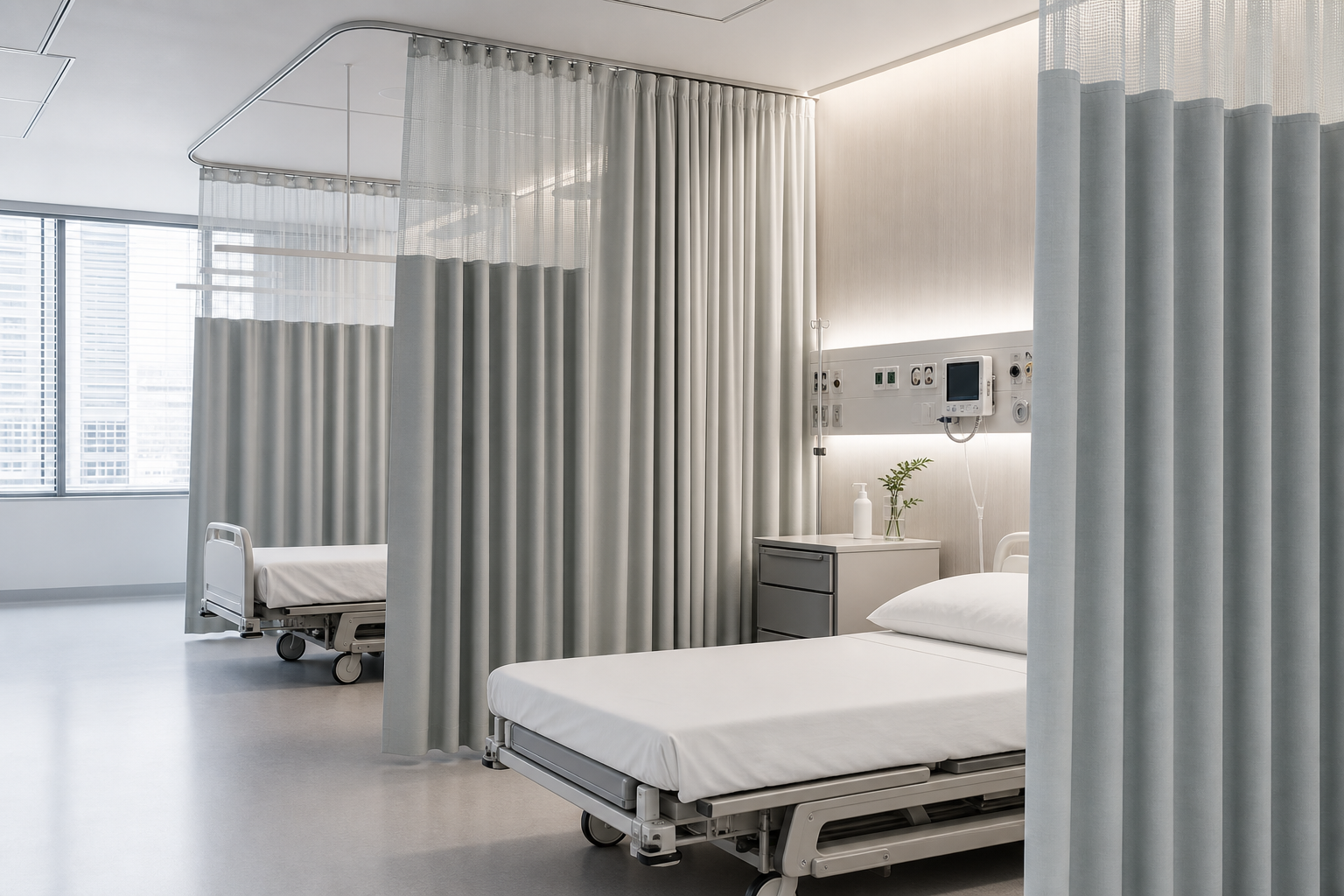 Clean patient care room with privacy curtains and hygienic textile partitions