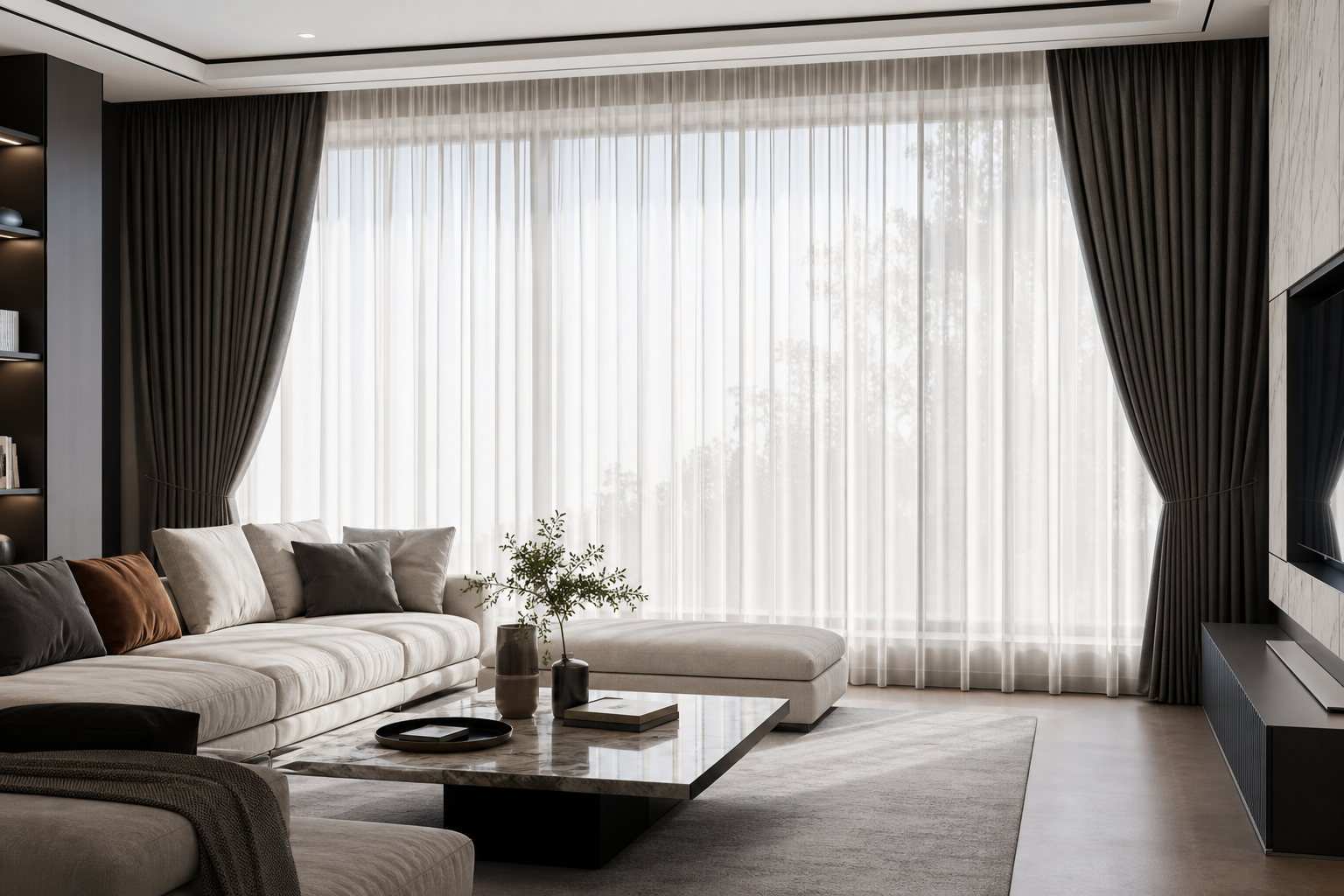 High-end residential living space with tailored drapery and architectural daylight