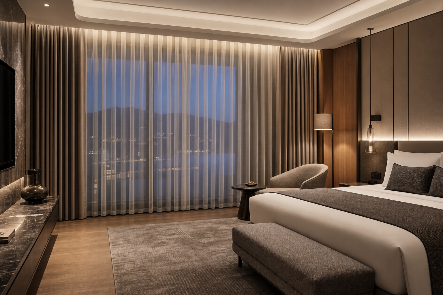 Luxury hotel room with layered elegant curtains and premium interior finishes