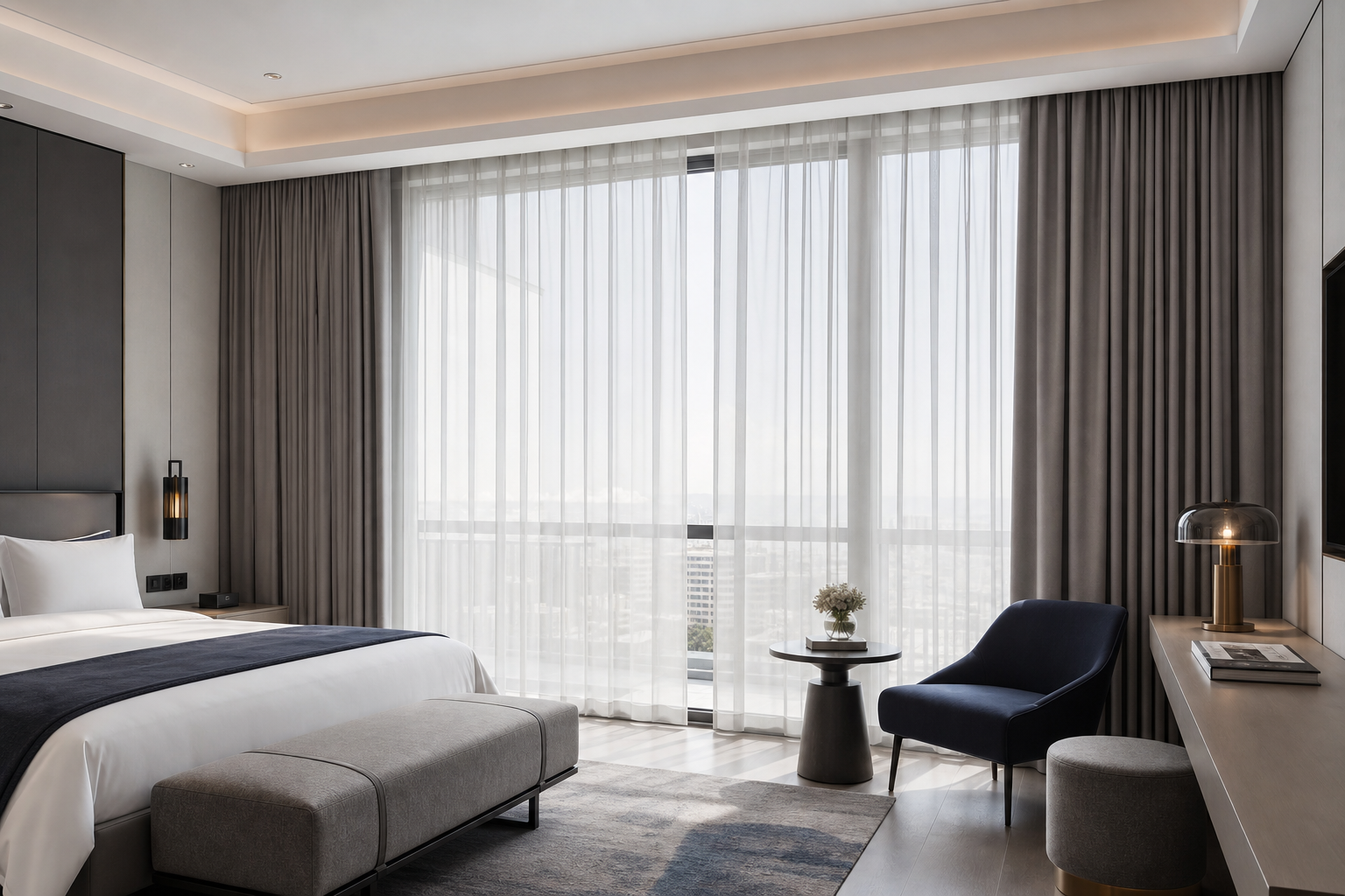 Modern upscale hotel suite with layered sheer and blackout curtains in neutral tones