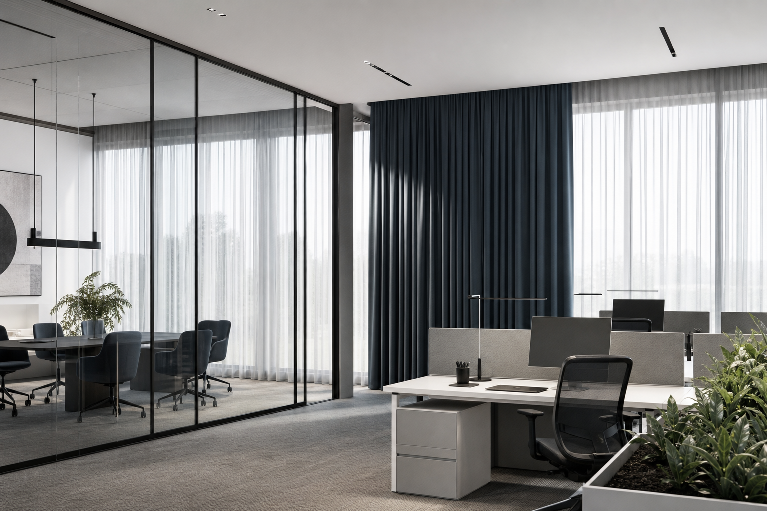 Modern office workspace with full-height curtains for glare and privacy control