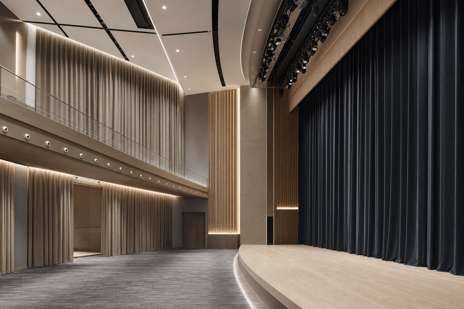 Civic cultural hall interior with large-scale stage and perimeter curtain systems