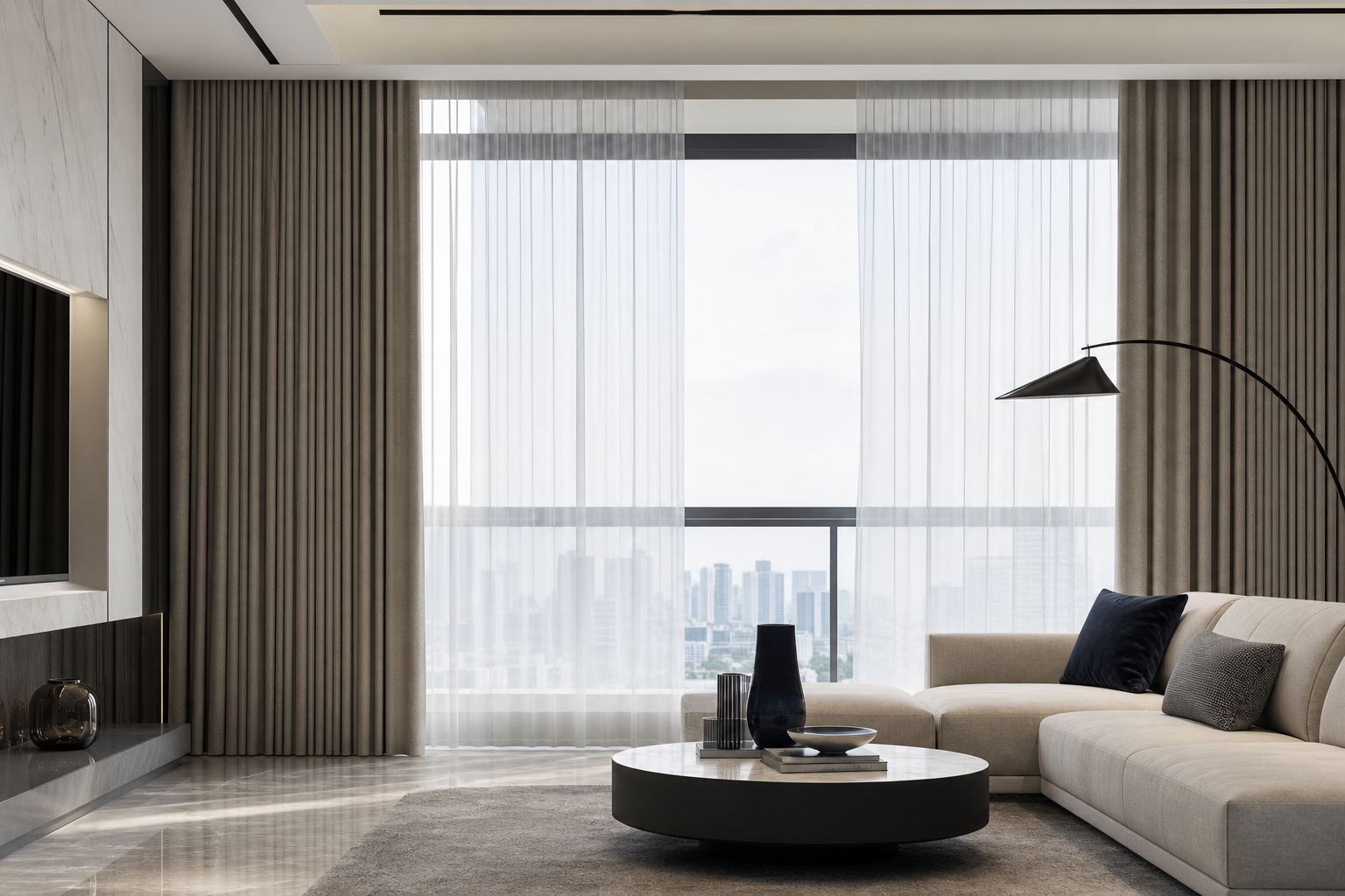 Premium apartment living room with elegant floor-to-ceiling drapery and sheers