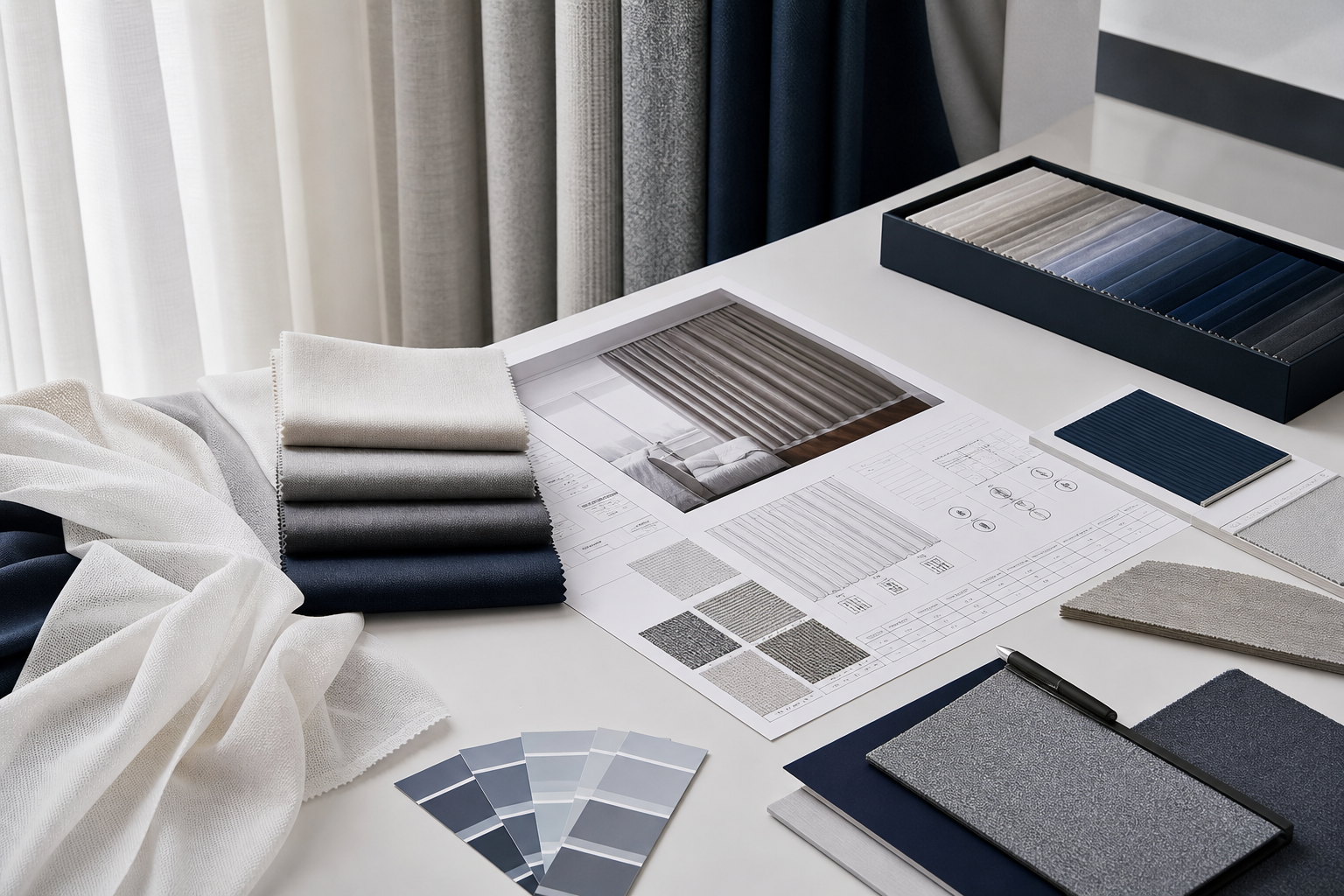 Architectural material board with curtain fabric swatches and technical specification sheets