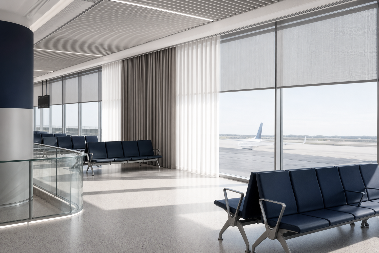 Modern airport terminal waiting zone with high-durability curtain and shading systems