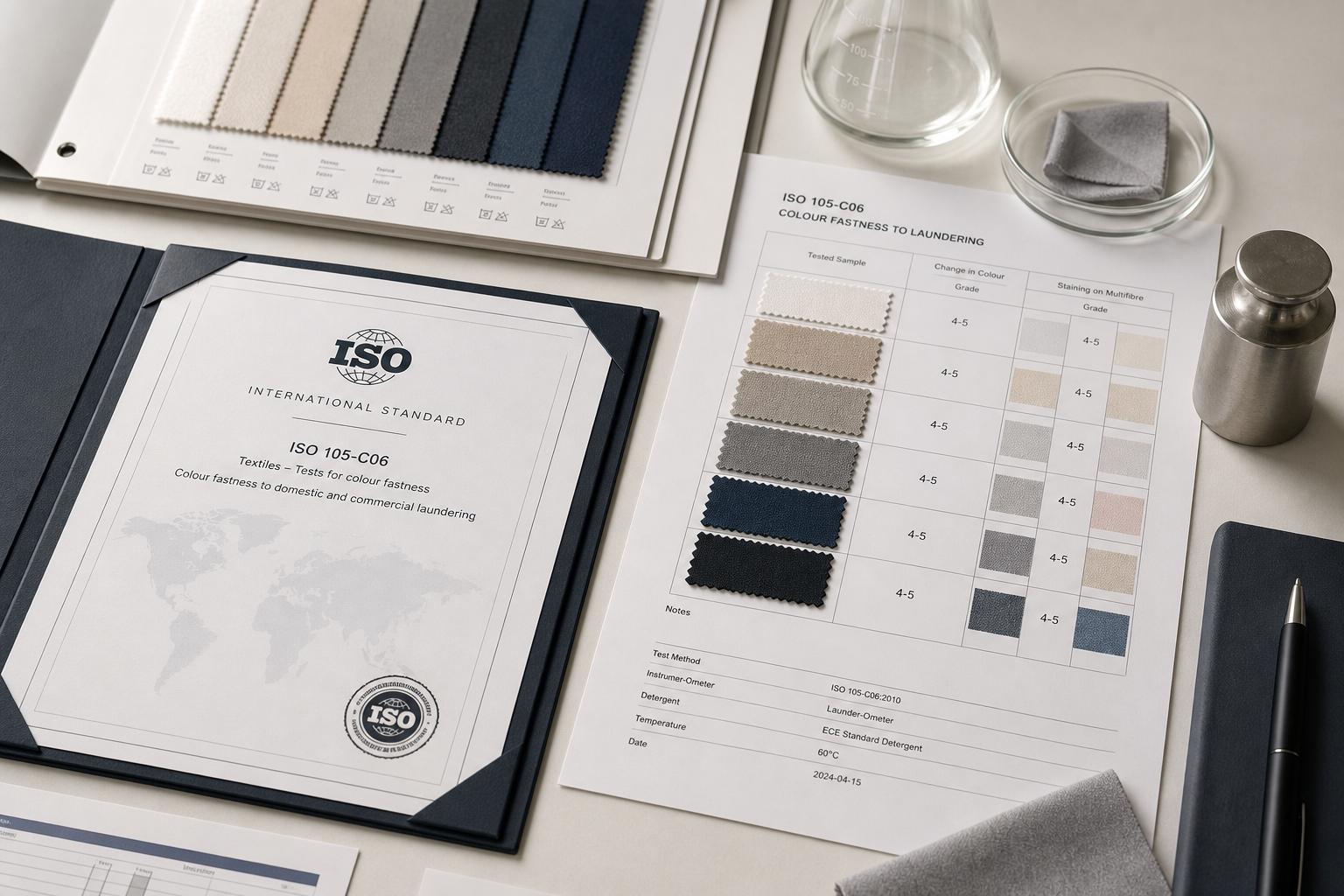 Organized set of ISO color fastness documents with swatch strips under neutral studio lighting