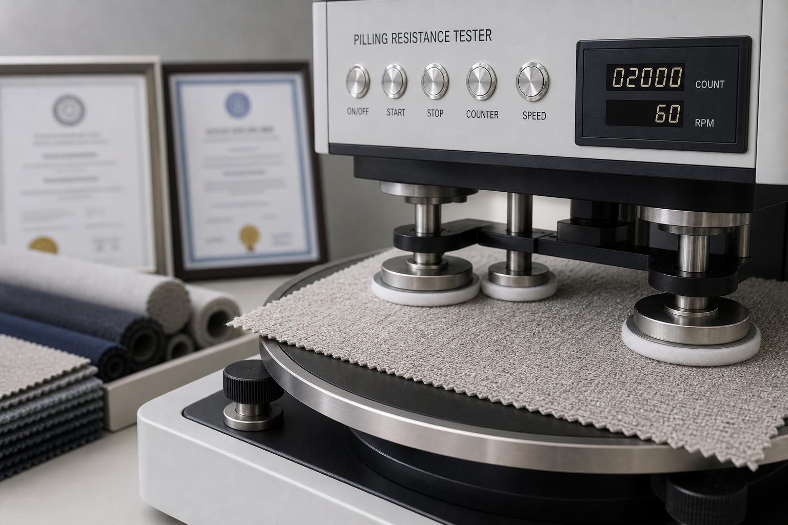 Close-up of pilling resistance evaluation machine assessing textured curtain fabric sample