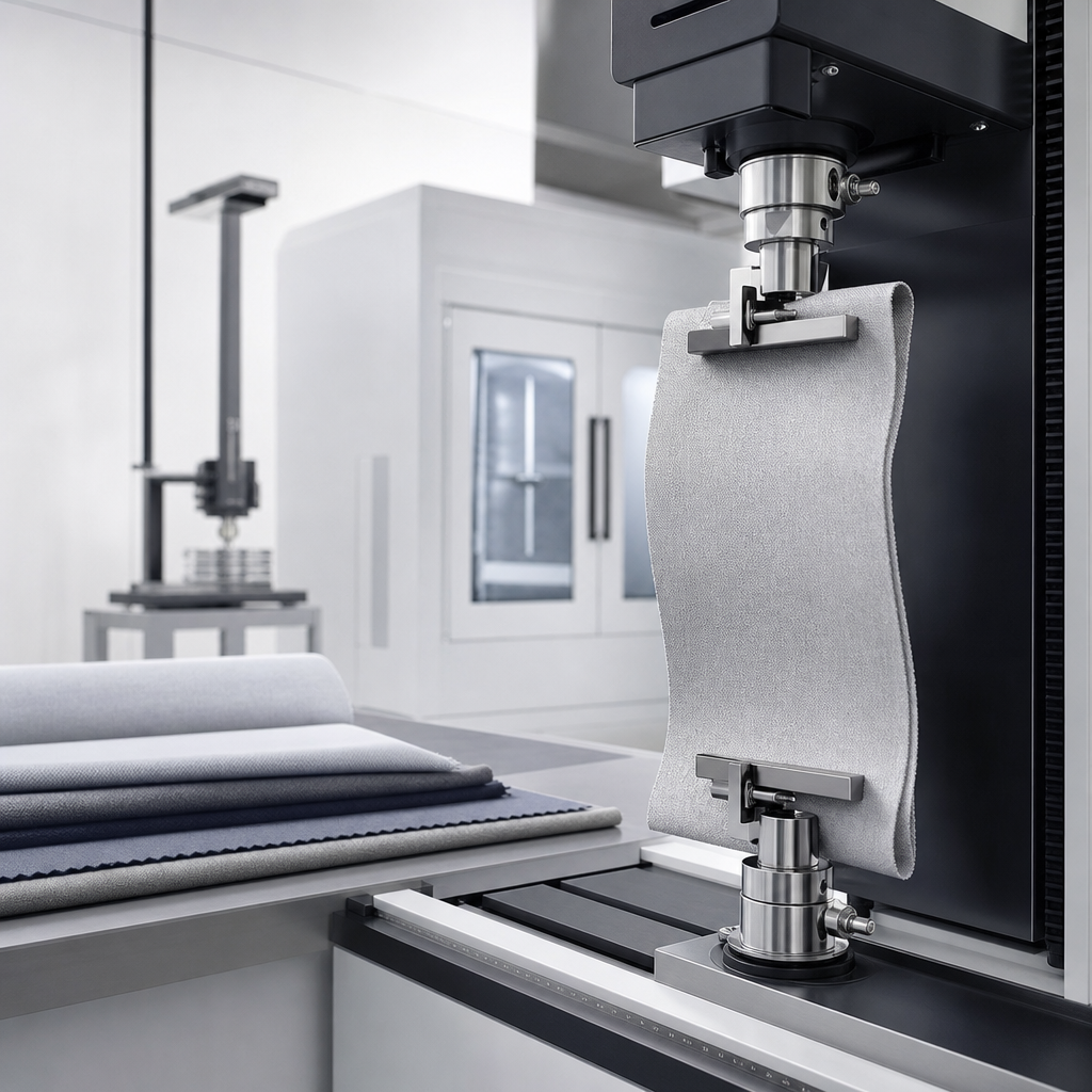 Laboratory textile testing setup with curtain fabric sample under measurement equipment