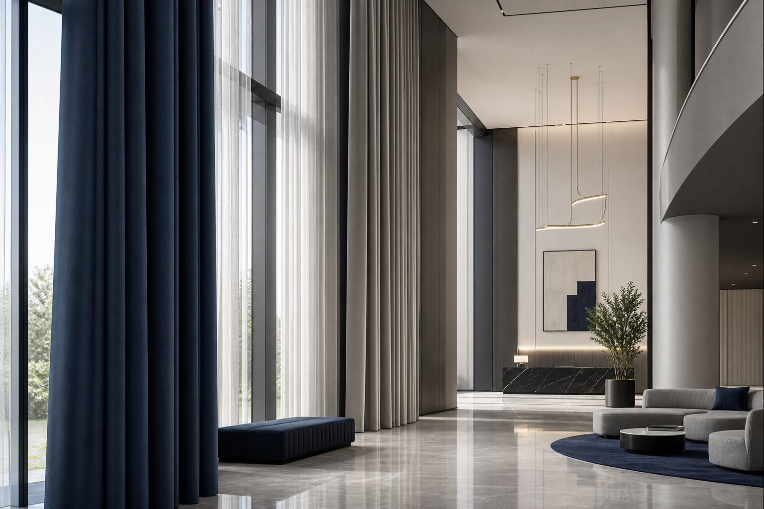 Architectural interior with full-height technical curtain installation in a premium commercial space
