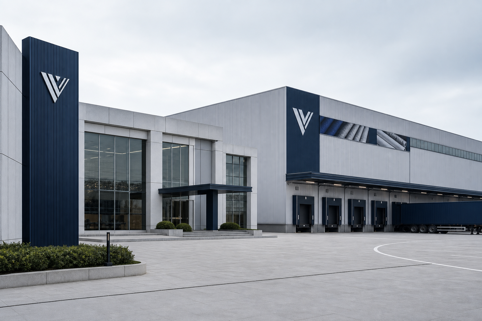 Modern curtain textile manufacturing facility exterior with clean architectural facade, loading logistics zone, and premium industrial campus atmosphere