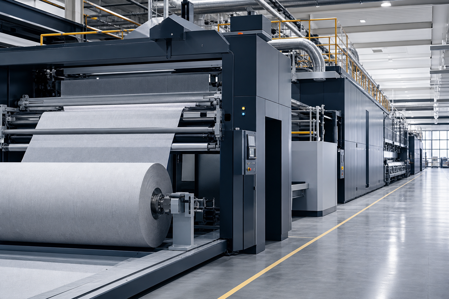 High-precision functional curtain fabric production line with automated coating and inspection equipment in a bright industrial interior