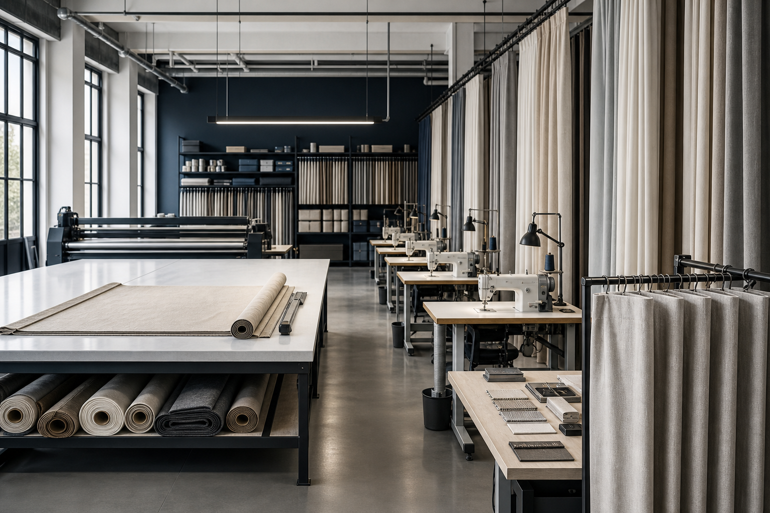 Premium custom curtain workshop with organized cutting and sewing stations, quality-controlled workflow, and clean technical environment