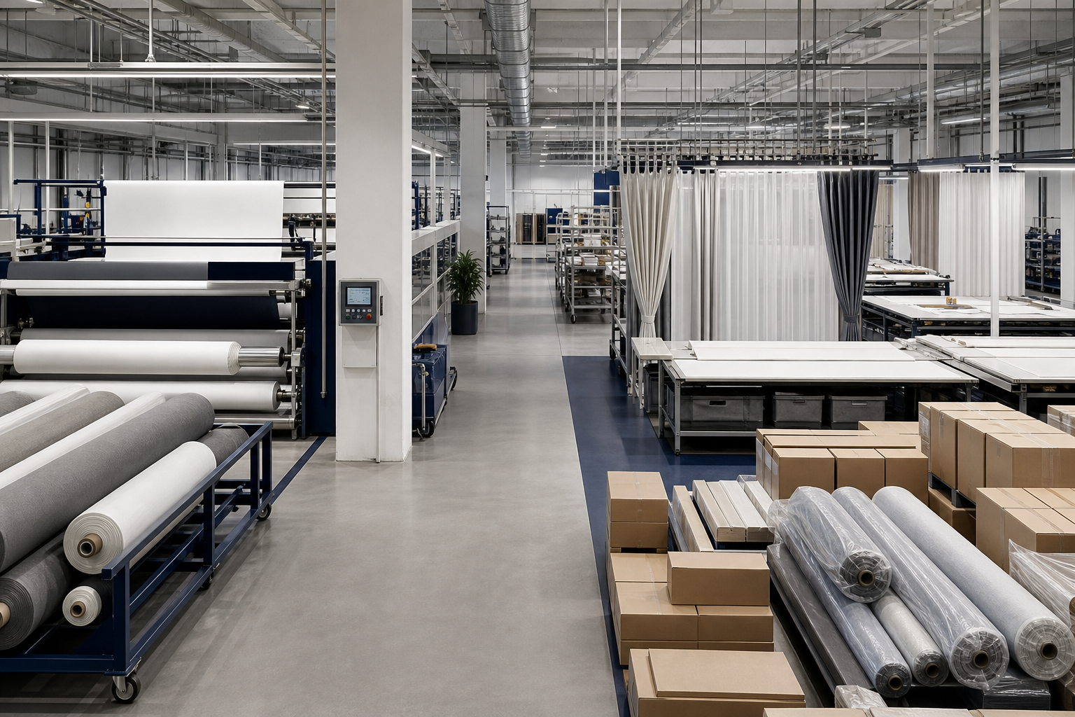 Wide view of a modern textile and curtain production facility with automated lines, inspection stations, and logistics staging
