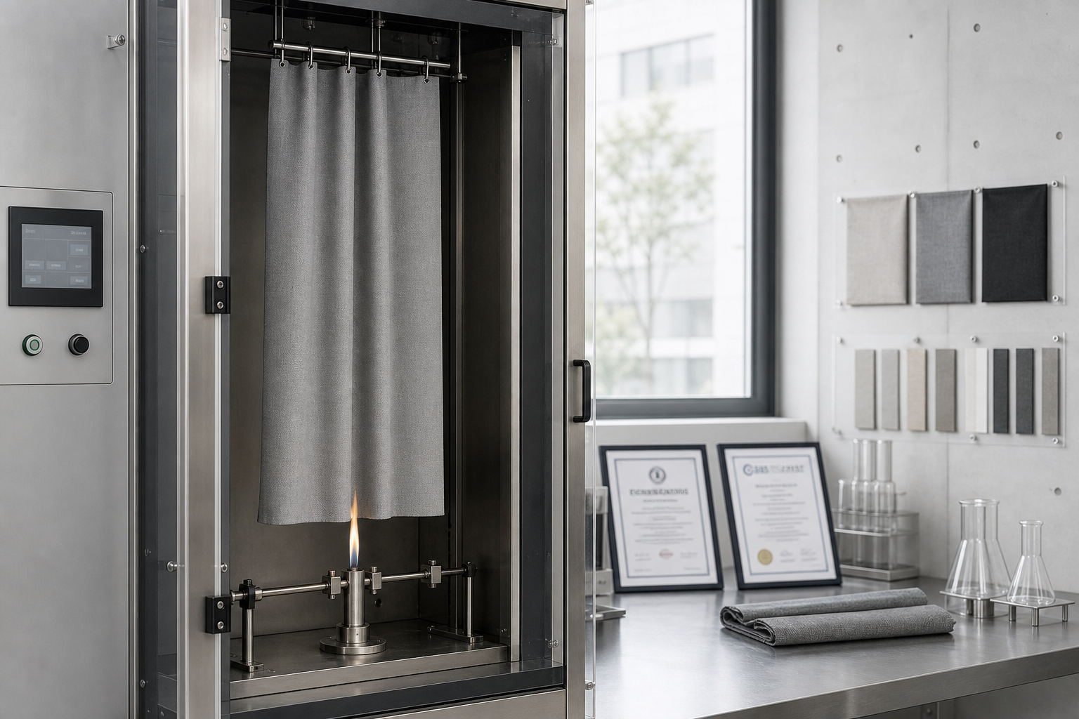Textile flammability testing cabinet with curtain fabric sample under controlled laboratory setup