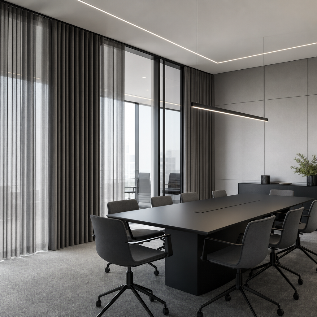 Contemporary office meeting space with acoustic curtains along glass walls, charcoal furniture, and clean linear detailing