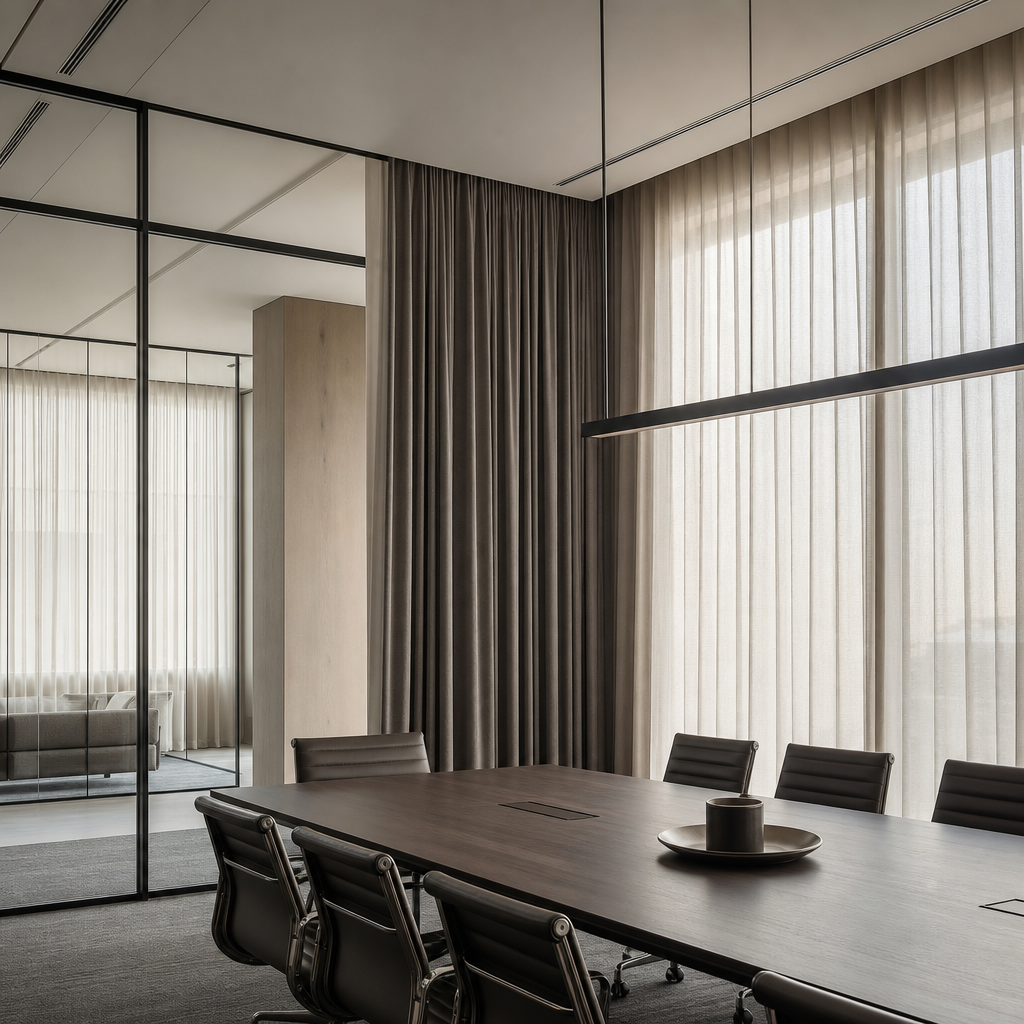 Modern office meeting room with curtains for glare reduction, privacy, and acoustic zoning