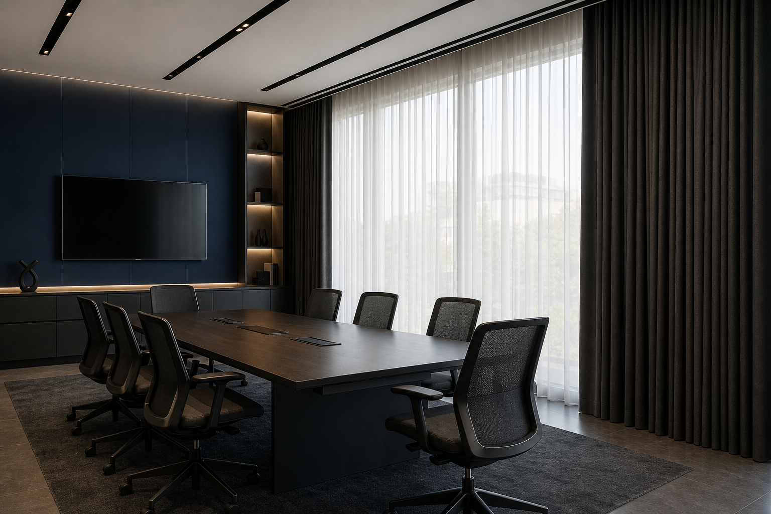 Corporate meeting room with floor-to-ceiling curtains filtering daylight, conference table, and refined commercial interior finishes