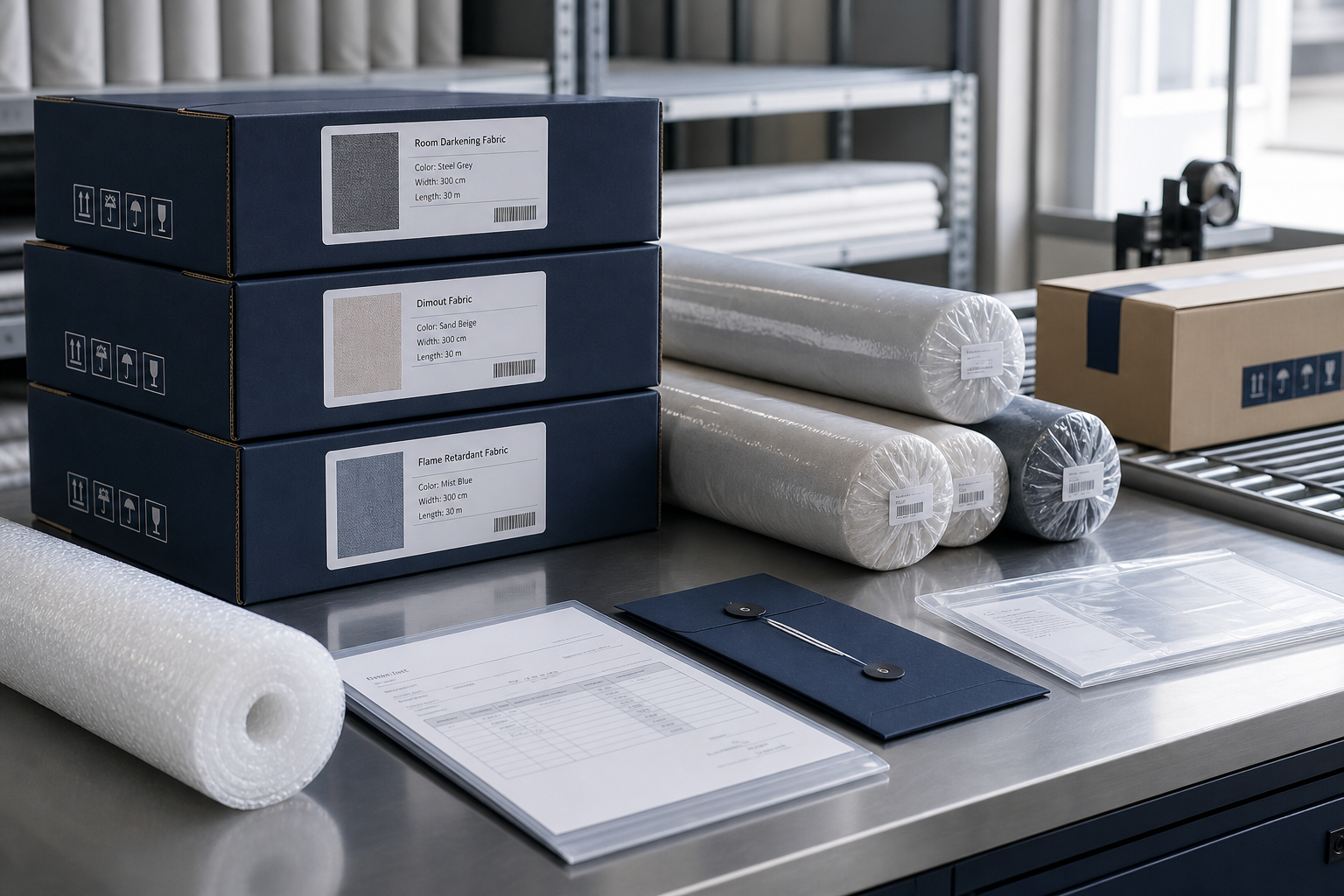 Order packing station with labeled fabric cartons, protective wraps, and export documentation