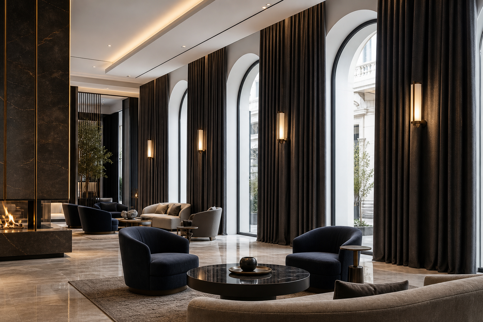 Premium hospitality lounge with tall windows and tailored curtain panels